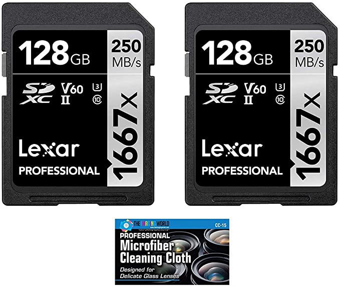 Lexar 128GB Professional 1667x UHS-II U3 V60 SDXC Memory Card - 2 Pack with Microfiber Cloth (256GB Total)