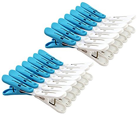 Tenby Living Spring Clothespins (Pack Of 28) - Plastic Soft Grip, Anti-Slip Clothes Pins With Sturdy Steel Springs - 14 Blue & 14 White Attractive Clothing Line Clips - Top Air-Drying Clothing Pin Set