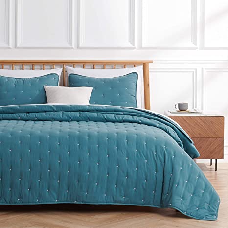VEEYOO 3 Pieces King Quilt Set Teal - Unique Stitches Pattern Lightweight Quilting Bedspread (108x98 inches), Soft Microfiber Reversible Coverlet for All Seasons, (1 Quilt 2 Shams)
