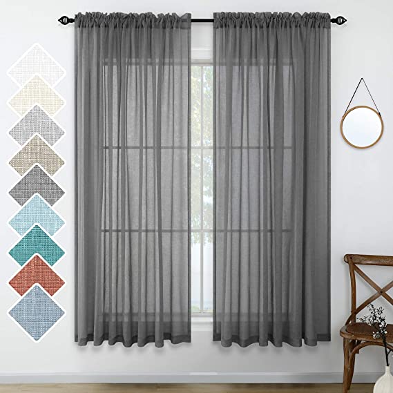 Charcoal Grey Linen Look Sheer Curtains 63 Inch Length for Kitchen 2 Pack Rod Pocket Breathable Airy Gray Curtains for Bathroom Window Laundry Canopy Sitting Room Reading 52x63 Inches Long Dark Grey