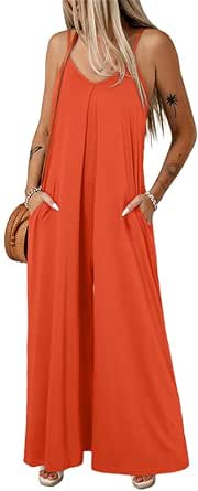 Dokotoo Women's Loose Sleeveless Jumpsuits Adjustable Spaghetti Strap Stretchy Long Pant Romper Jumpsuit with Pockets