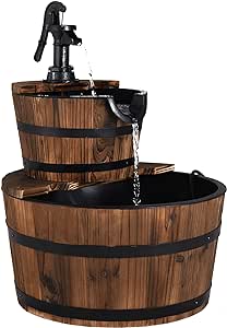 COSTWAY Wooden Water Pump Fountain, 2 Tier Barrel Waterfall Fountain with Water Speed Adjustment and Plastic Lining, Outdoor Cascading Water Feature for Garden