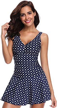 SHEKINI Women's One Piece Skirt Swimsuit Ruched Retro Swimdress Bathing Suit