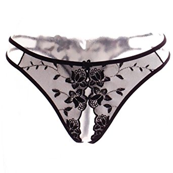 Pavian Women's Black Underwear Perspective T-Back Flowers Lace Thong Sexy Open Crotch