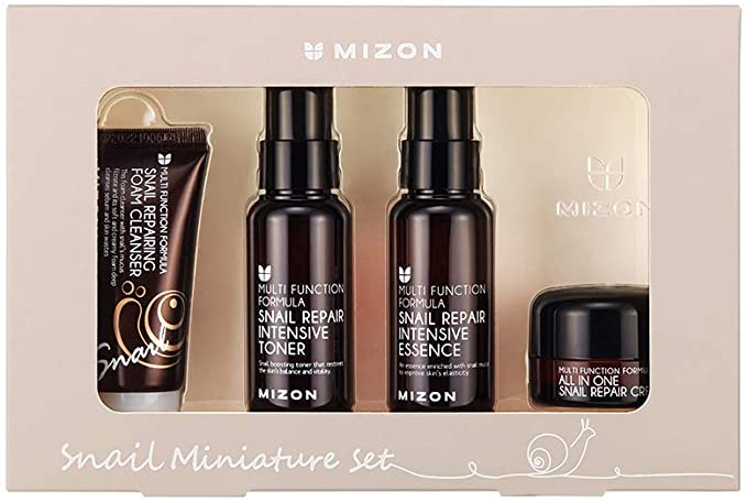 Mizon Korean Snail Skincare Essentials Set - Mini Sized Snail Foam Cleanser, Toner, Essence, and All in One Facial Cream to Improve Skin Tone, Fine Wrinkles, Smooth, Moisturizing Care, Daily Snail Routine