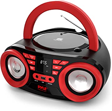 Pyle Portable CD Player Bluetooth Boombox Speaker - AM/FM Stereo Radio & High Quality Audio Sound, Supports CD-R-RW/MP3/WMA, USB, AUX, Headphone, LED Display, AC/Battery Powered, Red Black - PHCD22.5