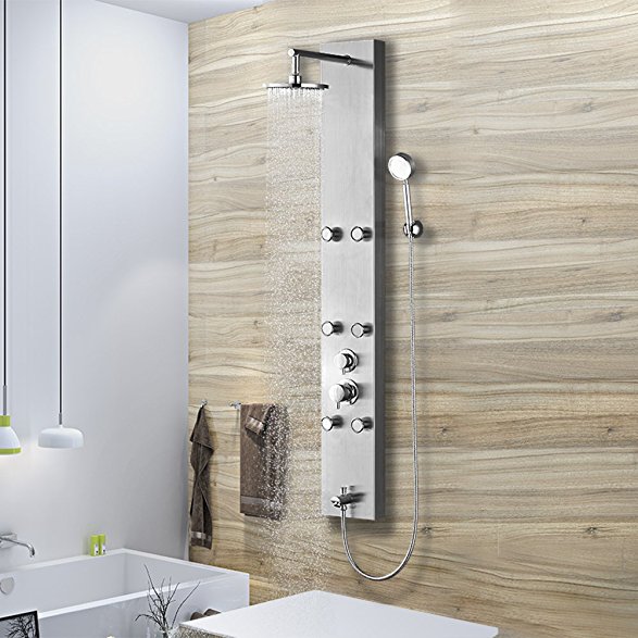 Vantory 59'' Stainless Steel Shower Panel System Faucet Rainfall with 6 Adjustable Massages Jets,Hand Shower and Tub Spout,Brushed Nickel