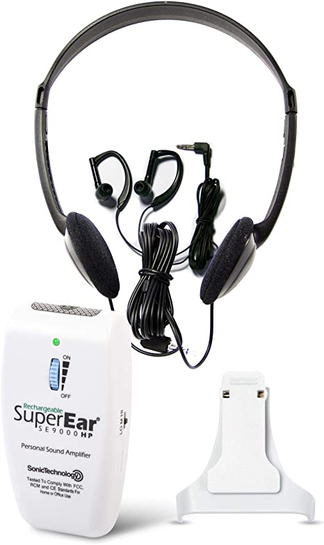 SuperEar Rechargeable Personal Sound Amplification Product Model SE9000HP Complete System with Headphones and Earbud Increases Sound 50dB, 3 Tone Frequency Selection