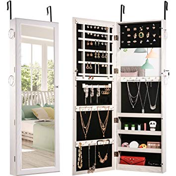 Jewelry Organizer Jewelry Armoire Lockable Jewelry Chest Jewelry Cabinet Wall Door Mounted Full Length Mirror Dressing Mirror Makeup Mirror Earring Organizer 6LEDs Lights Hanging Wall Mirror Jewelry