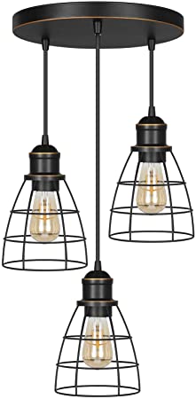 DEWENWILS Industrial 3-Light Pendant Lighting, Adjustable Hanging Light Fixtures with ORB Metal Caged Shade for Kitchen Island, Dining Room, Living Room