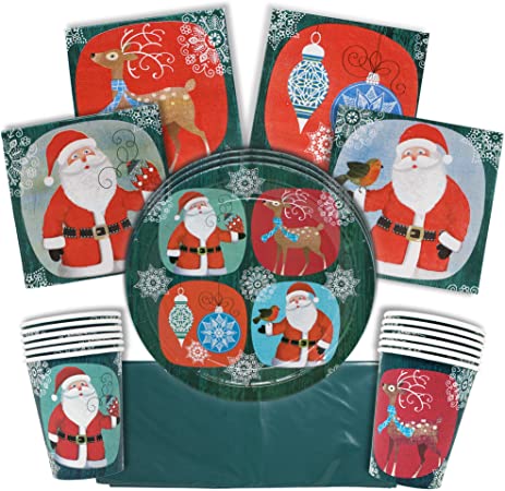 THE TWIDDLERS 61-Piece Christmas Party Tableware Set| Festive Colours, Santa & Reindeer Design| 15 Paper Plates, 15 Cups, 30 Napkins & 1 Large Tablecloth| Disposable Xmas Dinnerware Set for Parties.