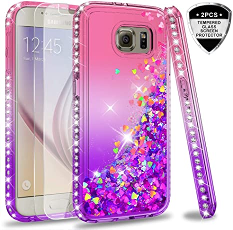 Galaxy S6 Glitter Case with Tempered Glass Screen Protector [2 Pack] for Girls Women, LeYi Bling Sparkle Diamond Liquid Quicksand Flowing TPU Protective Phone Case for Samsung Galaxy S6 Pink/Purple