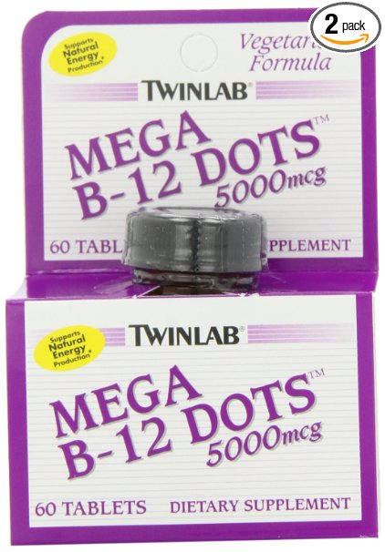 Twinlab Mega B-12 Dots Vitamin B-12, 5000mcg, 60 Tablets (Pack of 2)