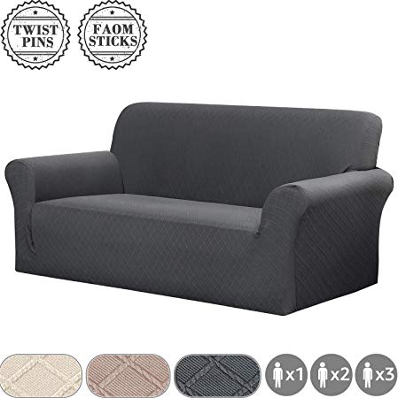 YISUN Jacquard Sofa Cover, Stretch 1/2/3 Seater Armrest Backrest Sofa Chair Grid Lycra Slipcover with Twist Pin/Elastic Band, Washable Couch Furniture Protector (2 Seater/Loveseat, Grey)