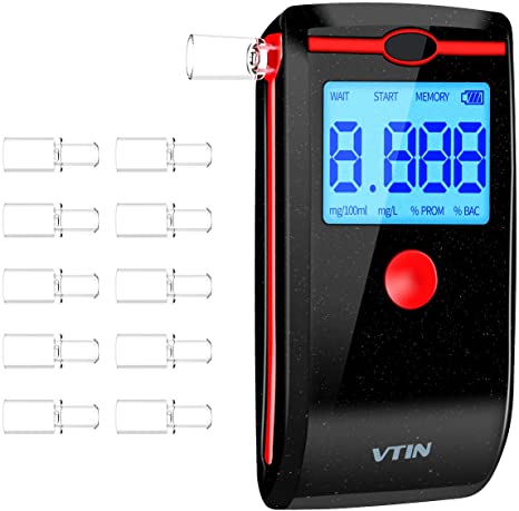 VTIN Rechargeable Breathalyzer Alcohol Tester, [FDA Certification] Professional-Grade Accuracy Portable Blood Alcohol Breathalyzer with 10pcs Mouthpiece and LCD Display for Car Home Test