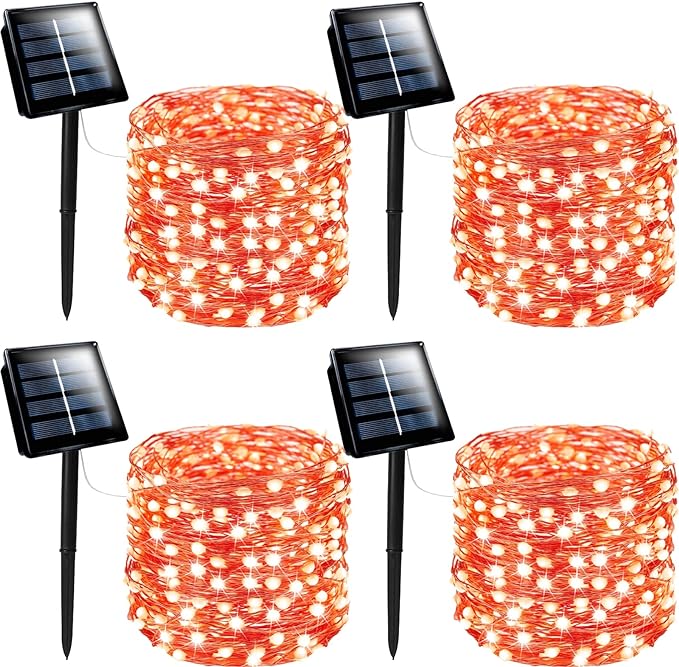 SANJICHA Extra-Long Solar String Lights Outdoor, 4-Pack 400 LED Solar Lights Outdoor, Waterproof Copper Wire 8 Modes Solar Fairy Lights for Halloween Decorations Garden Party Wedding (Orange)