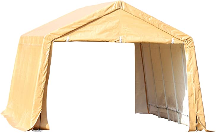 Outsunny 12' x 20' Heavy Duty Caport Canopy Tent for Cars with Zippered Doors, Waterproof Cover and Drainage Holes, Light Coffee