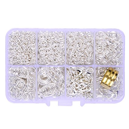 In A Box(2000pcs/box) Kit with Silver Plated 100 Pcs Lobster Claw Clasps 12mm and 1900 Pcs Open Jump Rings 4mm 5mm 6mm 7mm 8mm 10mm and Jump Ring Open Tool For Jewelry Making Findings