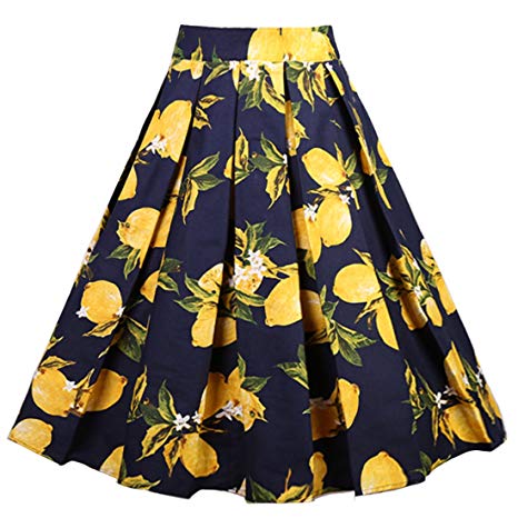 Dressever Women's Vintage A-line Printed Pleated Flared Midi Skirts