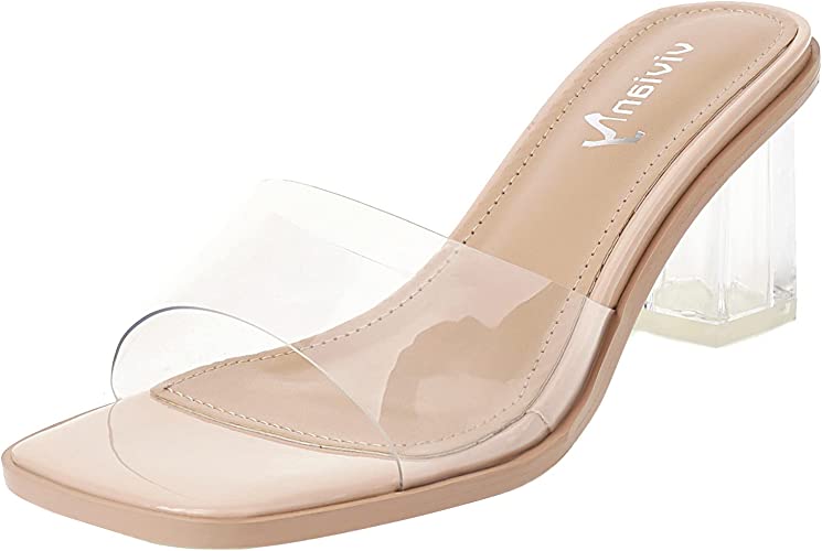 vivianly Womens Clear Heels Sandals Transparent Chunky Heels Backless Open Toe Slip on Mules Heeled Slipper Dress Shoes