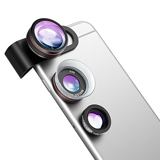 Fisheye Lens Kit, Topop 3 in 1 Clip-On 3 Element 3 Group Supreme Phone Camera Lens   12X Macro   24X Super Macro for iPhone 7/6 plus/6/SE/5/5S/4/4S and Other Apple Devices (No Dark Circle by the Fisheye Lens, Black)