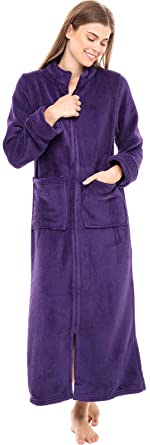 Alexander Del Rossa Women's Zip Up Fleece Robe, Long Warm Fitted Bathrobe