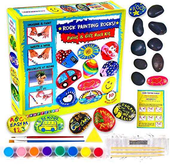 Non-Toxic Rock Painting Kit for Kids - All Supplies Included - 10 River Rocks for Painting, Acrylic Paint Set, Rock Art Supplies for Kids Crafts & Adult Craft Kit for Hide and Seek or Kindness Rocks