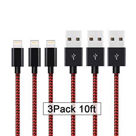 AOFU iPhone Cable,3Pack 10FT Nylon Braided Cord Lightning Cable to USB Charging iPhone Charger for iPhone 7/7 Plus/6/6Plus/6S/6S Plus,SE/5S/5,iPad,iPod Nano 7 (Black Red,10FT)