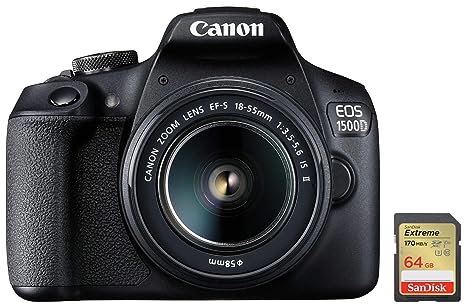 Canon EOS 1500D 24.1 Digital SLR Camera (Black) with EF S18-55 is II Lens & SanDisk Extreme SD UHS I 64GB Card for 4K Video for DSLR and Mirrorless Cameras 170MB/s Read & 80MB/s Write