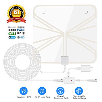 HDTV Antenna 50-60 Miles Range Super Thin and Lightweigh Indoor Digital HD Antenna with New Version Detachable Amplifier for High Signal Booster (16.5ft Coaxial cable)