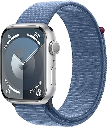 Apple Watch Series 9 (GPS, 45 mm) Smartwatch mit Aluminiumgehäuse in Silber und Sport Loop Armband in Winterblau. Fitnesstracker, Blutsauerstoff und EKG Apps, Always-On Retina Display, CO₂ neutral