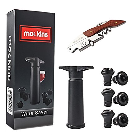 mockins All in One Wine Accessory Set With Wine Saver Vacuum Pump | 6 Vacuum Rubber Wine Stoppers And 3 in 1 Corkscrew With Foil Cutter And Bottle Opener Gift Set