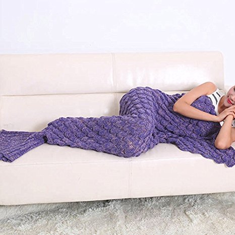 Mermaid Tail Blanket for Kids and Adults , Masall Hand Crochet Knitted Snuggle Fish Scale Warm Sleeping Bag, All Seasons Soft Novelty Sofa Throw (Fish scale Purple)