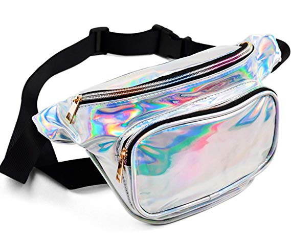 FANNYFAM Best Holographic Fanny Pack [Adjustable Belt] Iridescent Waist Bag for Festival, Rave, Cute Casual Wear. Waterproof (Silver)