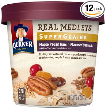 Quaker Real Medleys Super Grains Oatmeal , Maple Pecan Raisin, Instant Oatmeal  Breakfast Cereal, (Pack of 12)