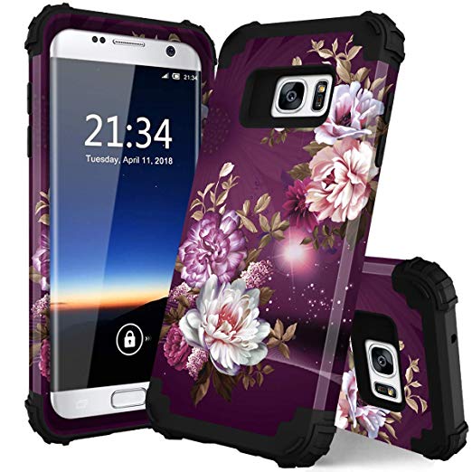 Galaxy S7 Case, SM-G930 Case, Hocase Heavy Duty Shockproof Hard Plastic Silicone Bumper Full Body Protective Phone Case for Samsung Galaxy S7 G930 w/Cute Flower Design - Burgundy Flowers