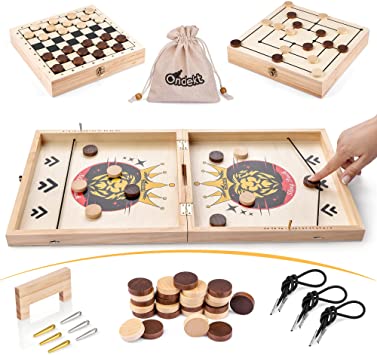 Fast Sling Puck Game - 3 in 1 Foldable Wooden Board Game Set - with Expert Gate, Score Counter - Small Pouch, Extra Rubbers - Includes Checkers & Nine Men’s Morris - Perfect Party and Family Game