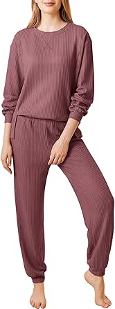 Ekouaer Waffle Knit Lounge Sets for Women Long Sleeve Pajamas Set with Pockets 2 Pieces Outfits Top and Pants