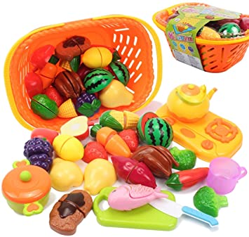 AMOSTING Kids Pretend Play Kitchen Food Set,Cutting Fruits & Vegetables Educational Toys Cooking Set