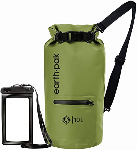 Earth Pak- Waterproof Dry Bag with Front Zippered Pocket Keeps Gear Dry for Kayaking, Beach, Rafting, Boating, Hiking, Camping and Fishing with Waterproof Phone Case