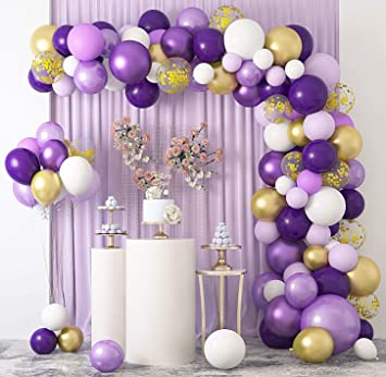 129 Pcs Latex Balloons Macaron Purple White Balloons Arch Kit and Gold Confetti Balloons Gold Balloons for Wedding Birthday Party Baby Shower Graduation Decoration