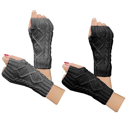 2 Pairs Women Winter Warm Knit Fingerless Gloves Hand Crochet Thumbhole Arm Warmers Mittens