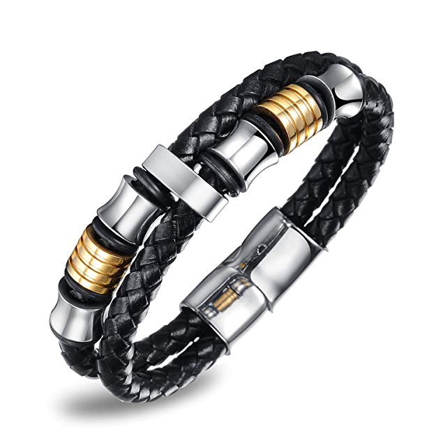 OPK Men Jewelry Braided Leather Wrap Bracelet Stainless Steel Buckle Double Strand Wristband, Black