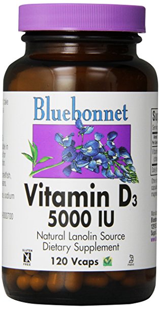 Bluebonnet Vitamin D3 5000 IU Vegetable Capsules, 120 Count