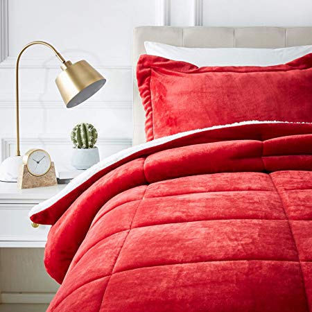 AmazonBasics Micromink Sherpa Comforter Set - Ultra-Soft, Fray-Resistant -  Twin, Red