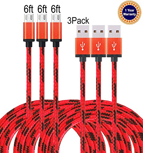 Jricoo 3pack 6ft Micro USB to USB Cable 2.0 6ft Nylon Braided Extremely Long USB Charging Cable for Android, Samsung Galaxy, HTC, Nokia, Huawei, Sony and Other Tablet Smartphone (Red and black)