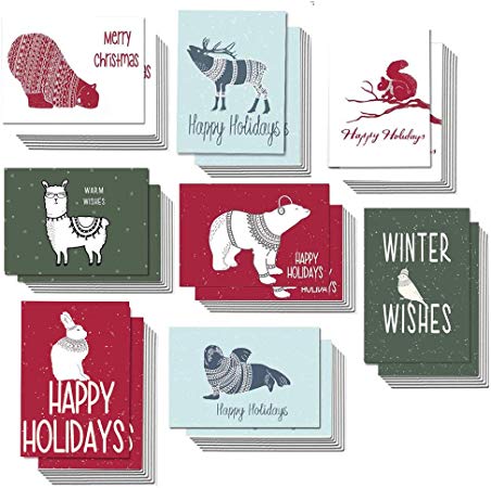 Holiday Cards Happy Holidays 48 Bulk Christmas Greeting Cards with Envelopes, Merry Xmas Happy Holiday Cards in 8 Cute Animals Assortment Design, 4 x 6 Blank on the Inside