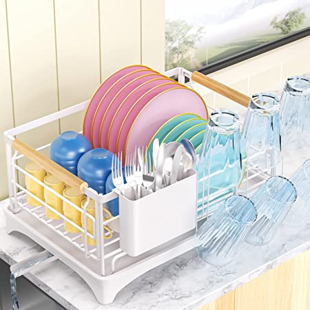 G-TING Dish Drying Rack, Dish Rack for Kitchen Counter, Rust-Proof Dish Drainer with Drying Board and Utensil Holder for Kitchen Counter Cabinet, 16.6” L× 12.6”W× 7.8”H, Ivory