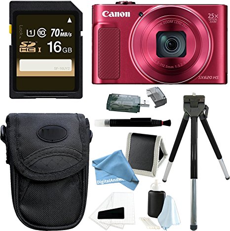 Canon PowerShot SX620 HS Digital Camera (Red) with 16GB Deluxe DigitalAndMore Accessory Bundle