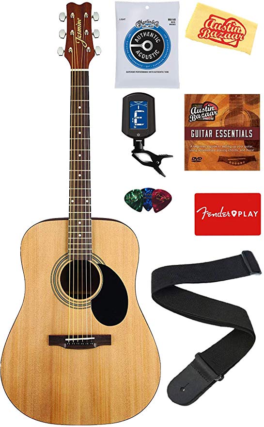 Jasmine S35 Acoustic Guitar - Natural Bundle with Strings, Strap, Tuner, Picks, DVD, and Austin Bazaar Polishing Cloth